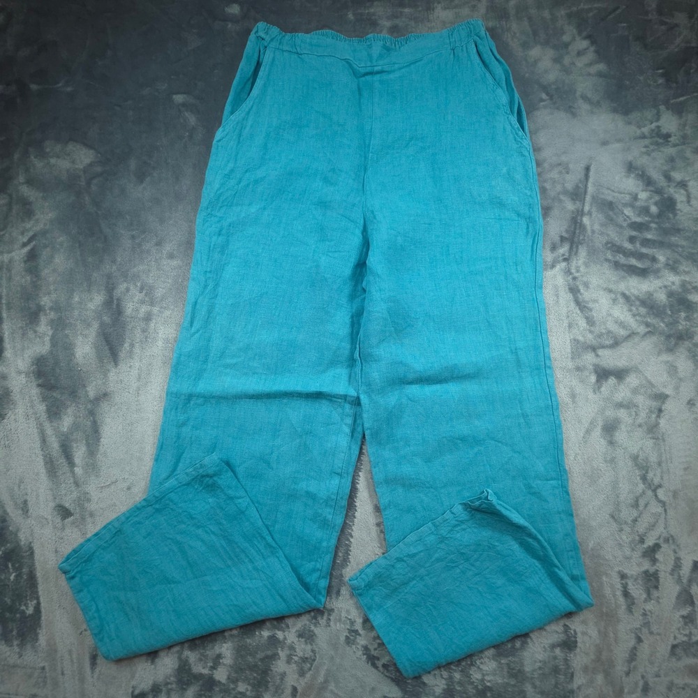 Match Point Womens Linen Wide Leg Pants Turquoise Blue Elastic Waist M LP80